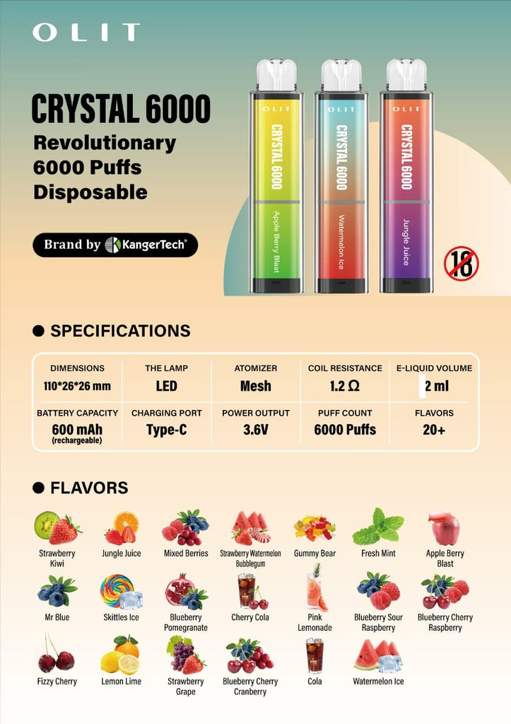 CRYSTAL 6000 Revolutionary 6K Puffs 20 mg 2 ml Disposable Vapes Bars By OLIT