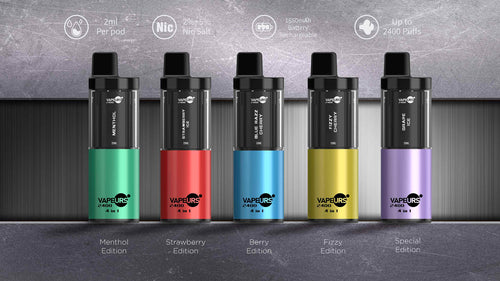 Vapeurs 2400 4 in 1 -Twist +Pre filled Pods 2ml *4 pods- Ctype- 20mg nic- Re chargable BOX OFFER PACK OF 5 PCS