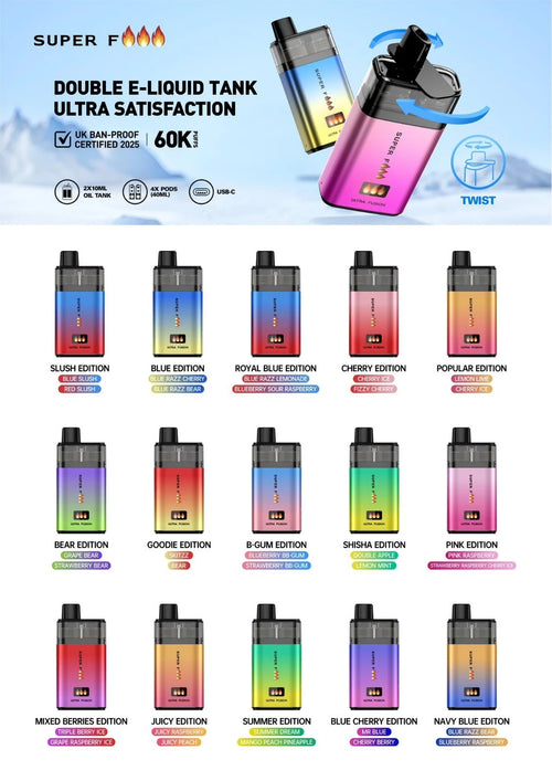 Super Fire Ultra 60K Vape Pod Kit 4in1 20mg Nic- Rechargeable  E-Cig TPD UK