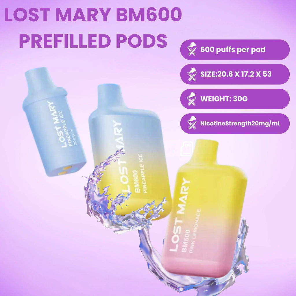 Lost Mary BM600 Prefilled Pod Kit – Box of 10 Devices | 600 Puffs Each | 20mg Nic Salt | Rechargeable Pod Vape