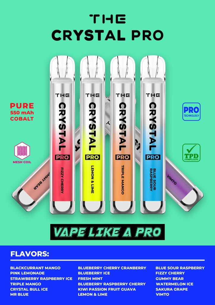 CRYSTAL BAR THE PRO Disposable Vape 600 Puffs 20mg Cobalt Battery Last Till End